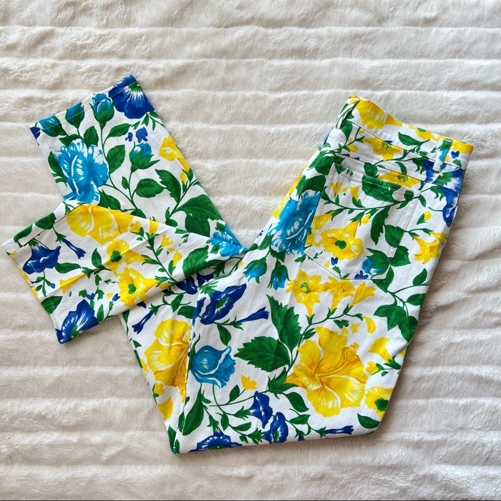 VINTAGE bright yellow blue green white floral print mom jeans - Picture 4 of 5